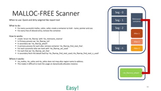 MALLOC-FREE Scanner
40
When to use: Quick and dirty valgrind like report tool
What to do:
 For every successful malloc, c...