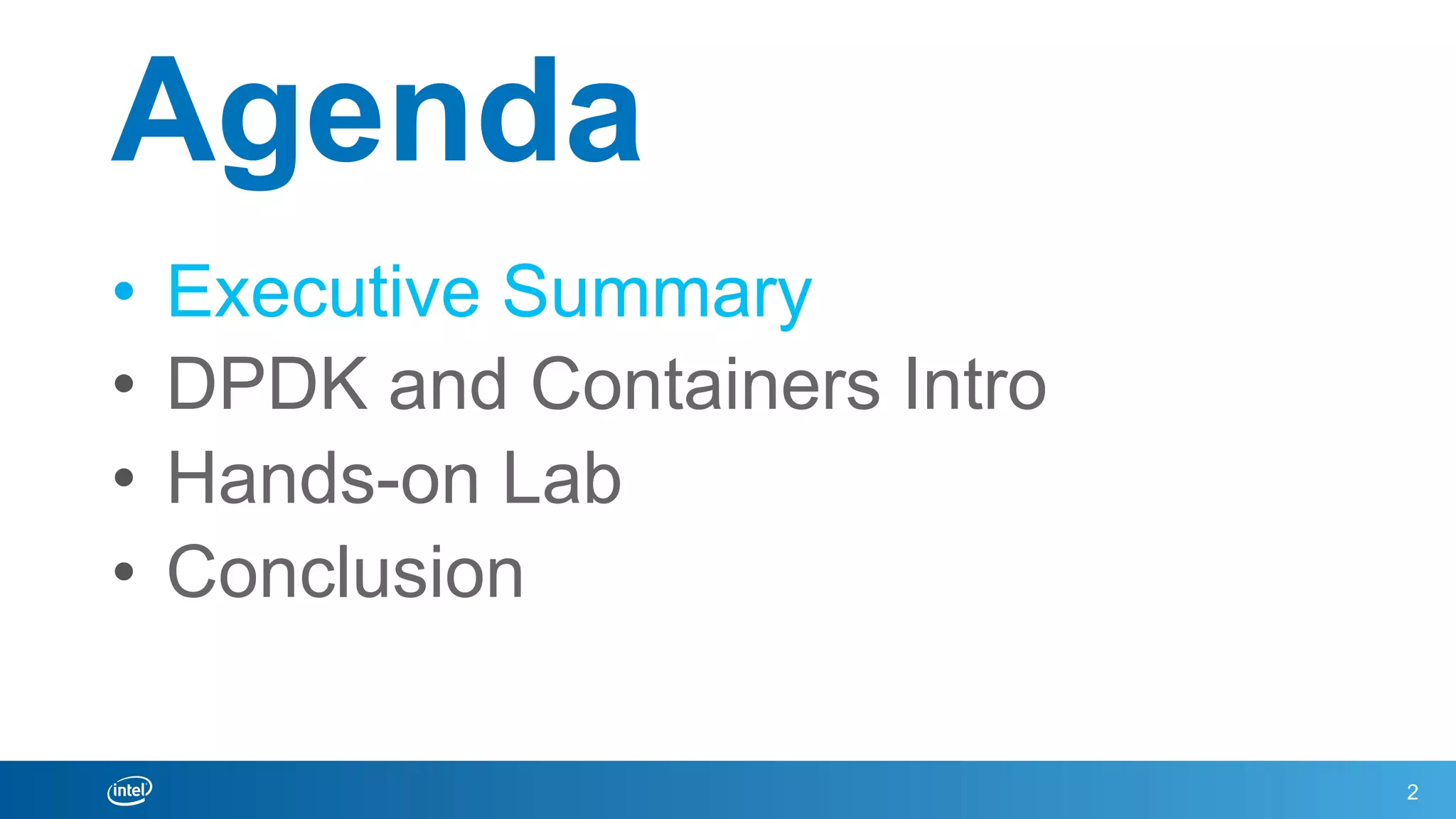 Agenda
•  Executive Summary
•  DPDK and Containers Intro
•  Hands-on Lab
•  Conclusion
2
 