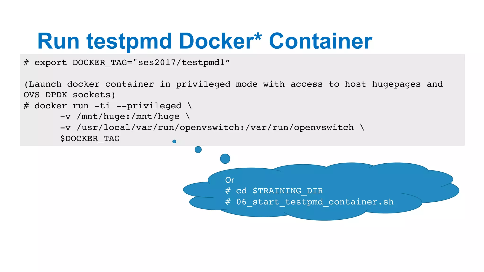 Run testpmd Docker* Container
23
# export DOCKER_TAG="ses2017/testpmd1”
(Launch docker container in privileged mode with access to host hugepages and
OVS DPDK sockets)
# docker run -ti --privileged 
-v /mnt/huge:/mnt/huge 
-v /usr/local/var/run/openvswitch:/var/run/openvswitch 
$DOCKER_TAG
Or	
# cd $TRAINING_DIR
# 06_start_testpmd_container.sh
 