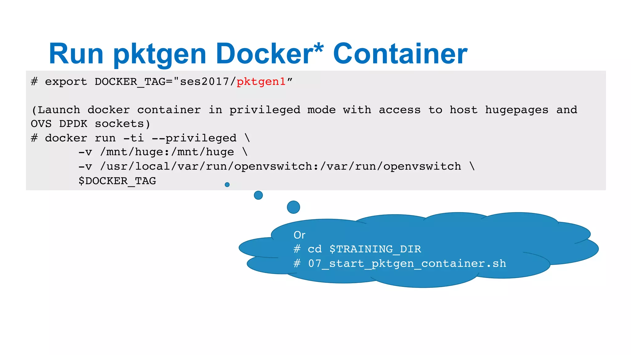Run pktgen Docker* Container
24
# export DOCKER_TAG="ses2017/pktgen1”
(Launch docker container in privileged mode with access to host hugepages and
OVS DPDK sockets)
# docker run -ti --privileged 
-v /mnt/huge:/mnt/huge 
-v /usr/local/var/run/openvswitch:/var/run/openvswitch 
$DOCKER_TAG
Or	
# cd $TRAINING_DIR
# 07_start_pktgen_container.sh
 