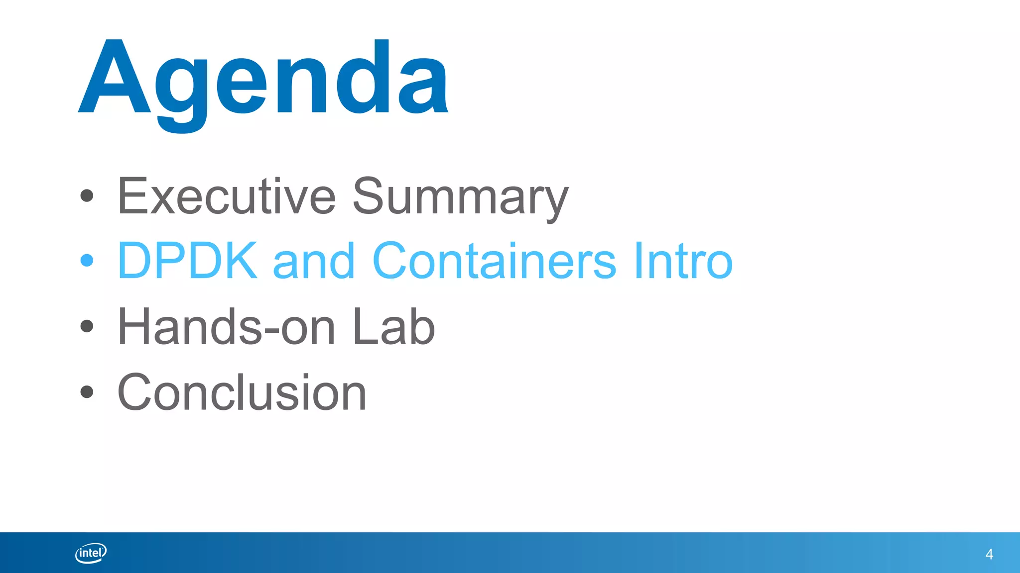 Agenda
•  Executive Summary
•  DPDK and Containers Intro
•  Hands-on Lab
•  Conclusion
4
 