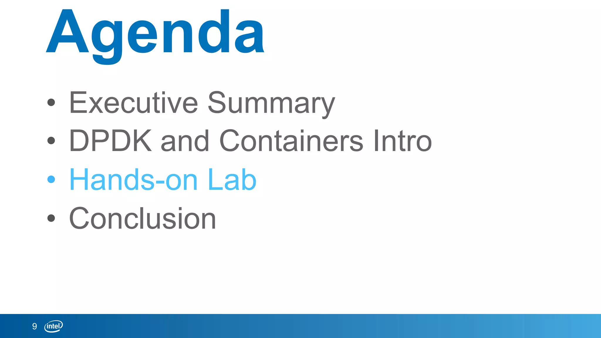 Agenda
•  Executive Summary
•  DPDK and Containers Intro
•  Hands-on Lab
•  Conclusion
9
 