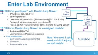 Enter Lab Environment
SSH from your laptop1 in to Cluster Jump Server2
•  IP Address: 207.108.8.161
•  SSH v2 preferred
•  Username: student<1-50> ($ ssh student9@207.108.8.161)
•  Password: same as username (e.g. student9)
•  Repeat so that you have multiple connections to the Jump Server2
SSH from Cluster Jump Server2 in to assigned HostVM3
•  $ ssh user@HostVM-____
•  Username: user; Password: password
•  Enter lab environment
•  $ cd ~/training/dpdk-container-lab
•  $ sudo su
•  # source setenv.sh
11
Note: You need 3 ssh
sessions into the jump
server/HostVM
3. HostVM
2.
Cluster
Jump
Server
1. Your
Laptop
 