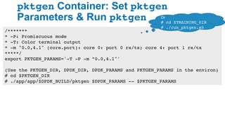 pktgen Container: Set pktgen
Parameters & Run pktgen
28
/*******
* -P: Promiscuous mode
* -T: Color terminal output
* -m "0.0,4.1" (core.port): core 0: port 0 rx/tx; core 4: port 1 rx/tx
*****/
export PKTGEN_PARAMS='-T -P -m ”0.0,4.1"'
(Use the PKTGEN_DIR, DPDK_DIR, DPDK_PARAMS and PKTGEN_PARAMS in the environ)
# cd $PKTGEN_DIR
# ./app/app/$DPDK_BUILD/pktgen $DPDK_PARAMS -- $PKTGEN_PARAMS
Or	
# cd $TRAINING_DIR
# ./run_pktgen.sh
 