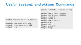 Useful testpmd and pktgen Commands
29
(Useful commands to use in testpmd)
testpmd> show port stats all
testpmd> clear port stats all
testpmd> help
(Useful commands to use in pktgen)
Pktgen> set 0 count 1000000
Pktgen> set 1 count 1000000
Pktgen> start 0
Pktgen> start all
Pktgen> set 0 rate 10
Pktgen> clr
Pktgen> rst
Pktgen> pdump 0
Pktgen> help
 