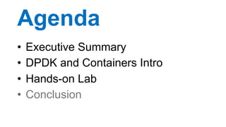 Agenda
•  Executive Summary
•  DPDK and Containers Intro
•  Hands-on Lab
•  Conclusion
31
 