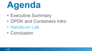 Agenda
•  Executive Summary
•  DPDK and Containers Intro
•  Hands-on Lab
•  Conclusion
9
 