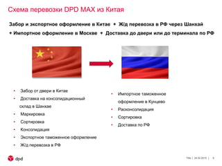 Схема перевозки DPD MAX из Китая
24.02.2015Title 8
• Забор от двери в Китае
• Доставка на консолидационный
склад в Шанхае
• Маркировка
• Сортировка
• Консолидация
• Экспортное таможенное оформление
• Ж/д перевозка в РФ
• Импортное таможенное
оформление в Кунцево
• Расконсолидация
• Сортировка
• Доставка по РФ
Забор и экспортное оформление в Китае + Ж/д перевозка в РФ через Шанхай
+ Импортное оформление в Москве + Доставка до двери или до терминала по РФ
 