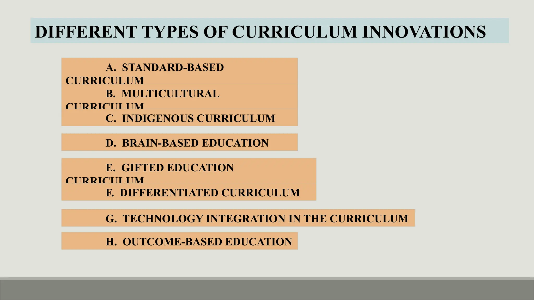 DIFFERENT TYPES OF CURRICULUM INNOVATIONS
A. STANDARD-BASED
CURRICULUM
B. MULTICULTURAL
CURRICULUM
C. INDIGENOUS CURRICULUM
D. BRAIN-BASED EDUCATION
E. GIFTED EDUCATION
CURRICULUM
F. DIFFERENTIATED CURRICULUM
G. TECHNOLOGY INTEGRATION IN THE CURRICULUM
H. OUTCOME-BASED EDUCATION
 