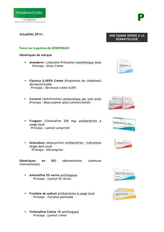 P
!
Actualités 2014 :
!
"#$%&!&%'!()!*)++,!-,!./0/1234/5!!
Génériques de marque
!
• Anesderm ( Lidocaïne Prilocaïne) anesthésique local
Princeps : Emla Crème
!
!
!
• Clarelux 0,005% Crème (Propionate de clobétasol)
dermocorticoïde
Princeps : Dermoval crème 0,05%
!
!
• Curacné (isotrétinoïne) antiacnéique par voie orale
Princeps : Roaccutanne (plus commercialisé)
!
!
!
!
• Fungster (Terbinafine 250 mg) antibactérien à
usage local
Princeps : Lamisil comprimé
!
!
!
• Granudoxy (doxycycline) antibactérien : indications
larges dont acné
Princeps : Vibramycine
!
!
Génériques en DCI (dénomination commune
internationale)
!
• Amorolfine 5% vernis antifongique
Princeps : Locéryl 5% vernis
!
!
!
• Fusidate de sodium antibactérien à usage local
Princeps : Fucidine pommade
!
!
!
• Terbinafine Crème 1% antifongique
Princeps : Lamisil crème
UNE GAMME DEDIEE A LA
DERMATOLOGIE
 