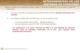Valuaciones Actuariales del Norte, S. C.
Desde la óptica de la Seguridad Social, existen 3 tipos de mexicanos y por lo tanto 3 tipos de
tratamiento:
1. Los que no cuentan con sistemas de pensiones (50% de PEA). Necesitan del amparo de la
sociedad.
2. Los afiliados al IMSS (35% de PEA), que a su vez se dividen en dos:
• Los que ingresaron antes de1997 (Beneficio Definido)
• Los que ingresaron a partir de 1997 (Contribución Definida)
Las aportaciones a la cuenta individual del IMSS y la baja densidad de cotización
provocan tasas de reemplazo insuficientes, por lo que será necesario hacer
modificaciones al esquema.
HETEROGENEIDAD DE LOS
SISTEMAS DE PENSIONES
 