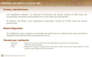 Valuaciones Actuariales S. C.
Cuotas y Aportaciones
Los trabajadores afiliados a la Dirección de Pensiones del Estado, cubrirán el 8.0% sobre sus
percepciones mensuales presupuestadas en él o los cargos que desempeñen.
El Gobierno del Estado y los Organismos incorporados, cubrirán el 10.40% sobre las mismas
percepciones.
Salario Regulador
Se considerará salario regulador al promedio del sueldo base de cotización que haya percibido el
trabajador durante de los últimos tres años de servicio.
PERSONAL AFILIADO A LA LEY DE 1982
Pensión por Jubilación
Requisito : Contar con un mínimo de 30 años de antigüedad e igual tiempo de cotizaciones.
Monto : 100% del salario regulador.
Plazo : Vitalicia con traspaso a beneficiarios, equivalente al 80% de la pensión disminuyendo un 10%
cada año hasta llegar al 50% de la pensión.
 
