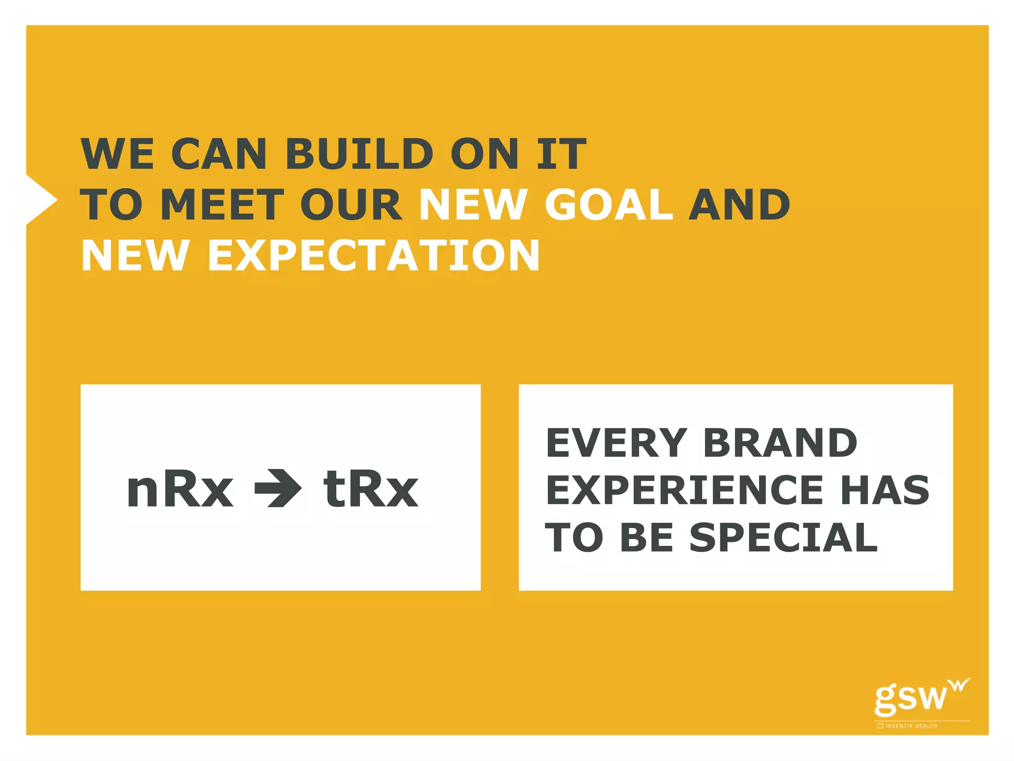 WE CAN BUILD ON IT
TO MEET OUR NEW GOAL AND
NEW EXPECTATION



               EVERY BRAND
 nRx  tRx     EXPERIENCE HAS
               TO BE SPECIAL
 
