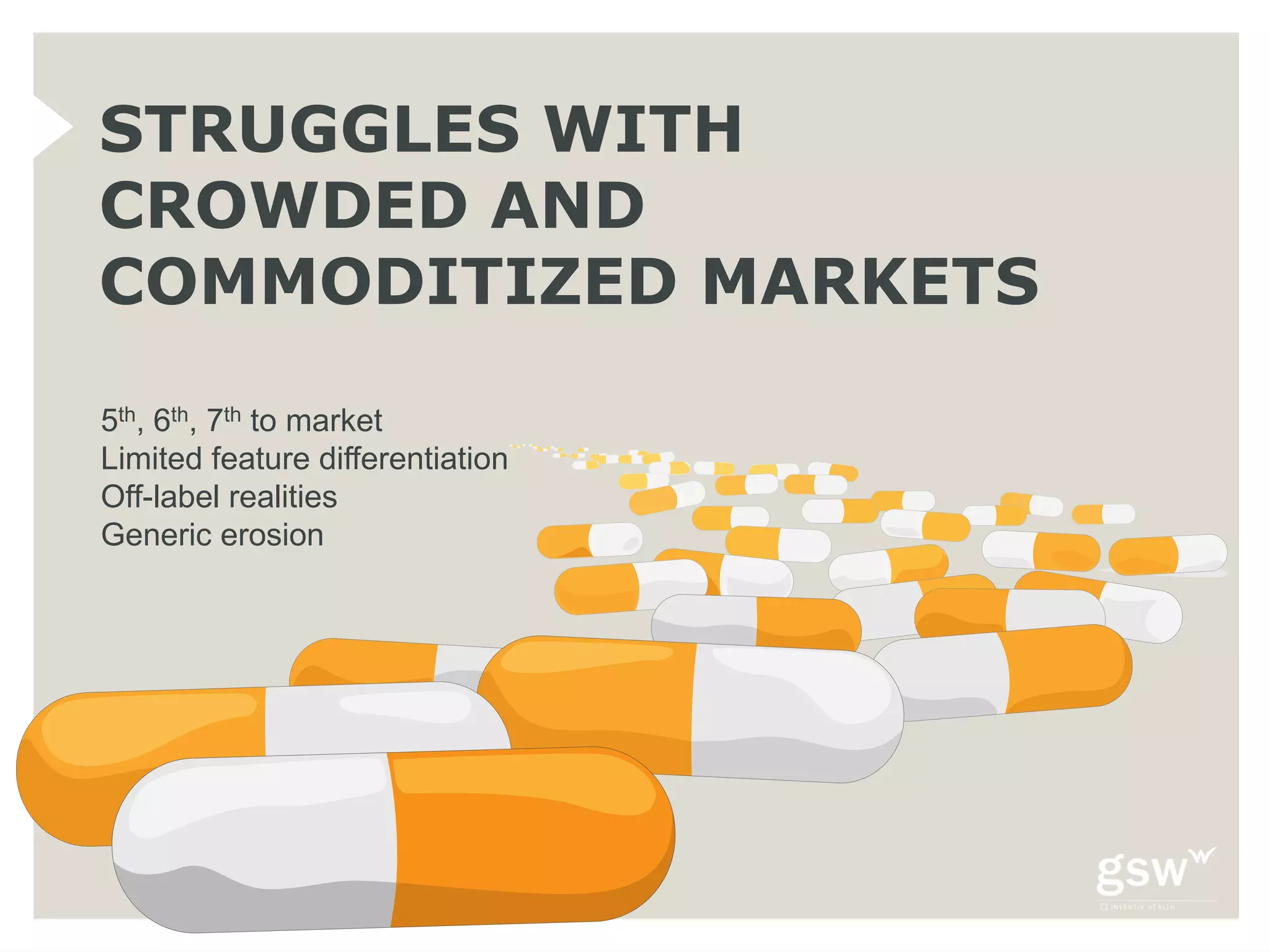 STRUGGLES WITH
CROWDED AND
COMMODITIZED MARKETS

5th, 6th, 7th to market
Limited feature differentiation
Off-label realities
Generic erosion
 