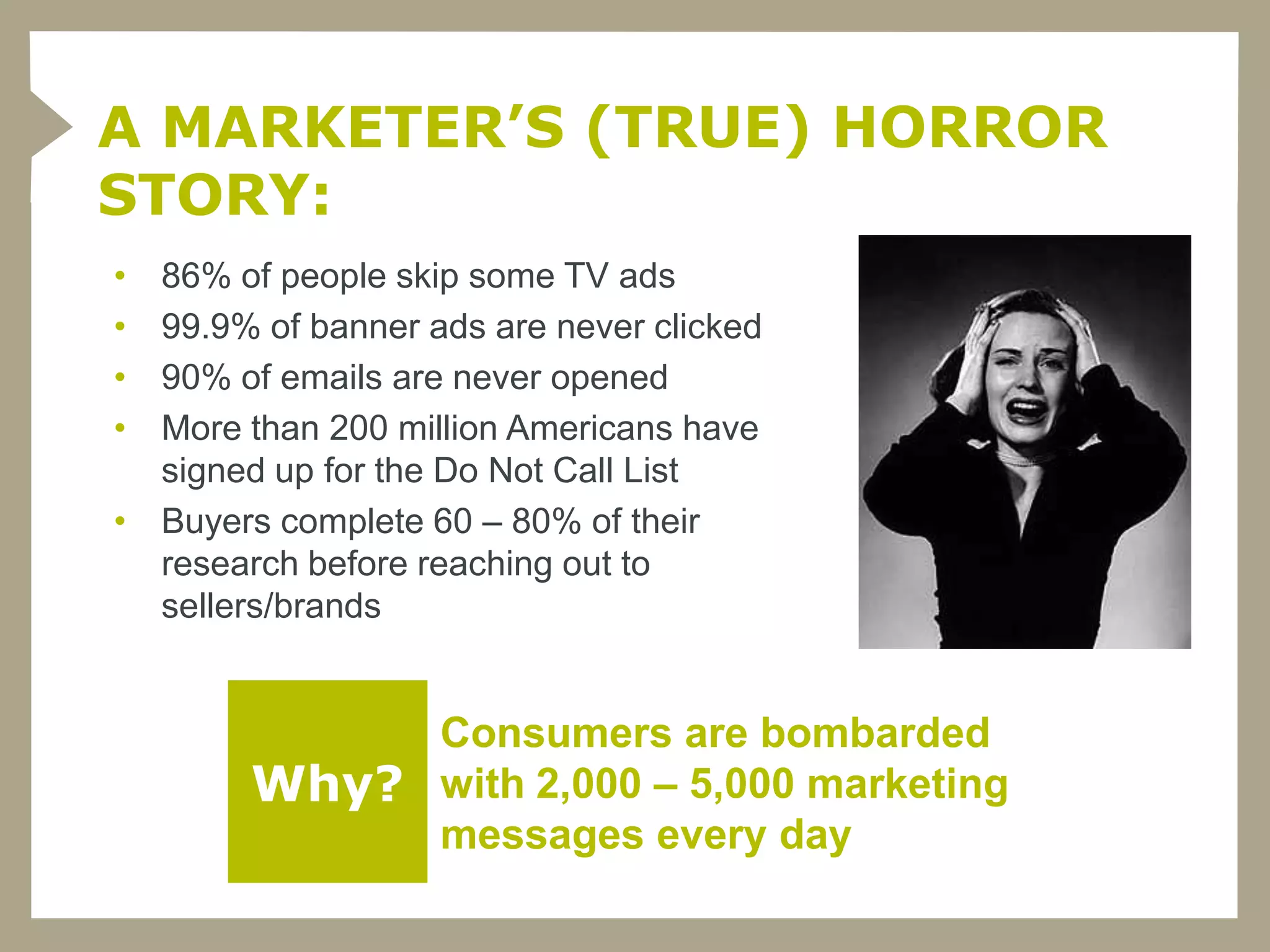 A MARKETER’S (TRUE) HORROR
STORY:
• 86% of people skip some TV ads
• 99.9% of banner ads are never clicked
• 90% of emails are never opened
• More than 200 million Americans have
  signed up for the Do Not Call List
• Buyers complete 60 – 80% of their
  research before reaching out to
  sellers/brands


             Consumers are bombarded
        Why? with 2,000 – 5,000 marketing
             messages every day
 