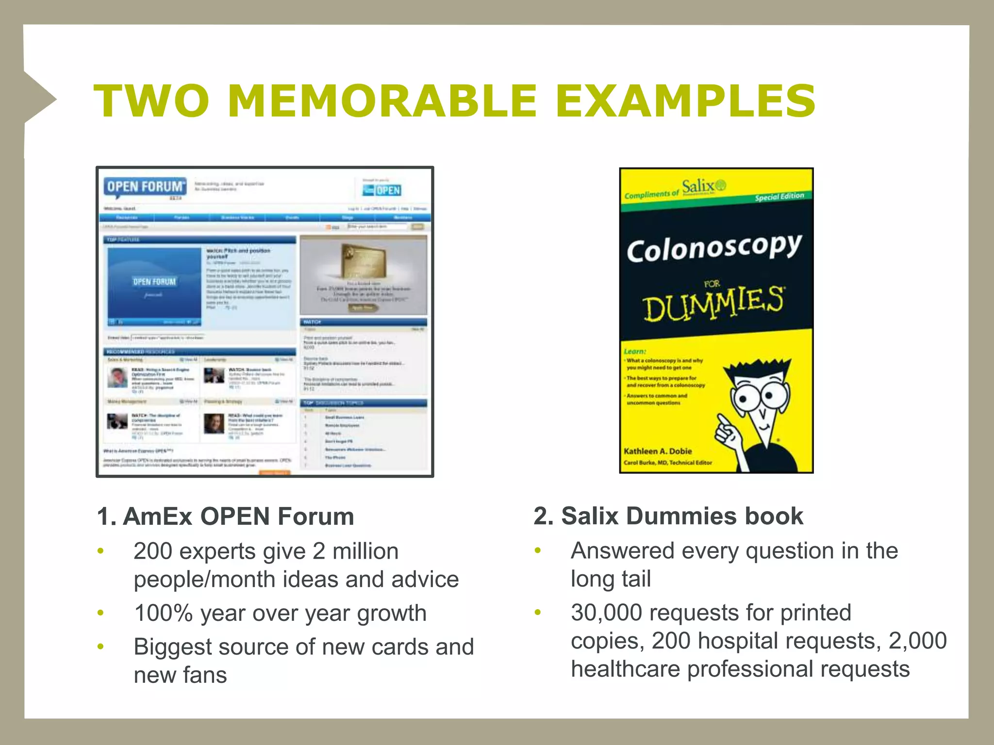 IN OUT
 TWO MEMORABLE EXAMPLES




1. AmEx OPEN Forum                    2. Salix Dummies book
•   200 experts give 2 million        •   Answered every question in the
    people/month ideas and advice         long tail
•   100% year over year growth        •   30,000 requests for printed
•   Biggest source of new cards and       copies, 200 hospital requests, 2,000
    new fans                              healthcare professional requests
 