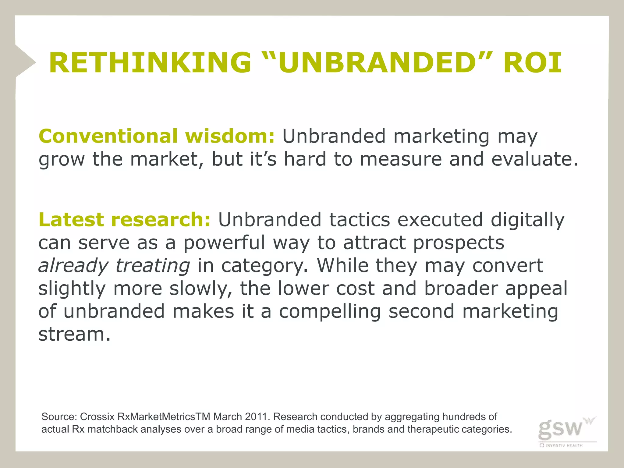 RETHINKING “UNBRANDED” ROI

Conventional wisdom: Unbranded marketing may
grow the market, but it’s hard to measure and evaluate.


Latest research: Unbranded tactics executed digitally
can serve as a powerful way to attract prospects
already treating in category. While they may convert
slightly more slowly, the lower cost and broader appeal
of unbranded makes it a compelling second marketing
stream.



Source: Crossix RxMarketMetricsTM March 2011. Research conducted by aggregating hundreds of
actual Rx matchback analyses over a broad range of media tactics, brands and therapeutic categories.
 
