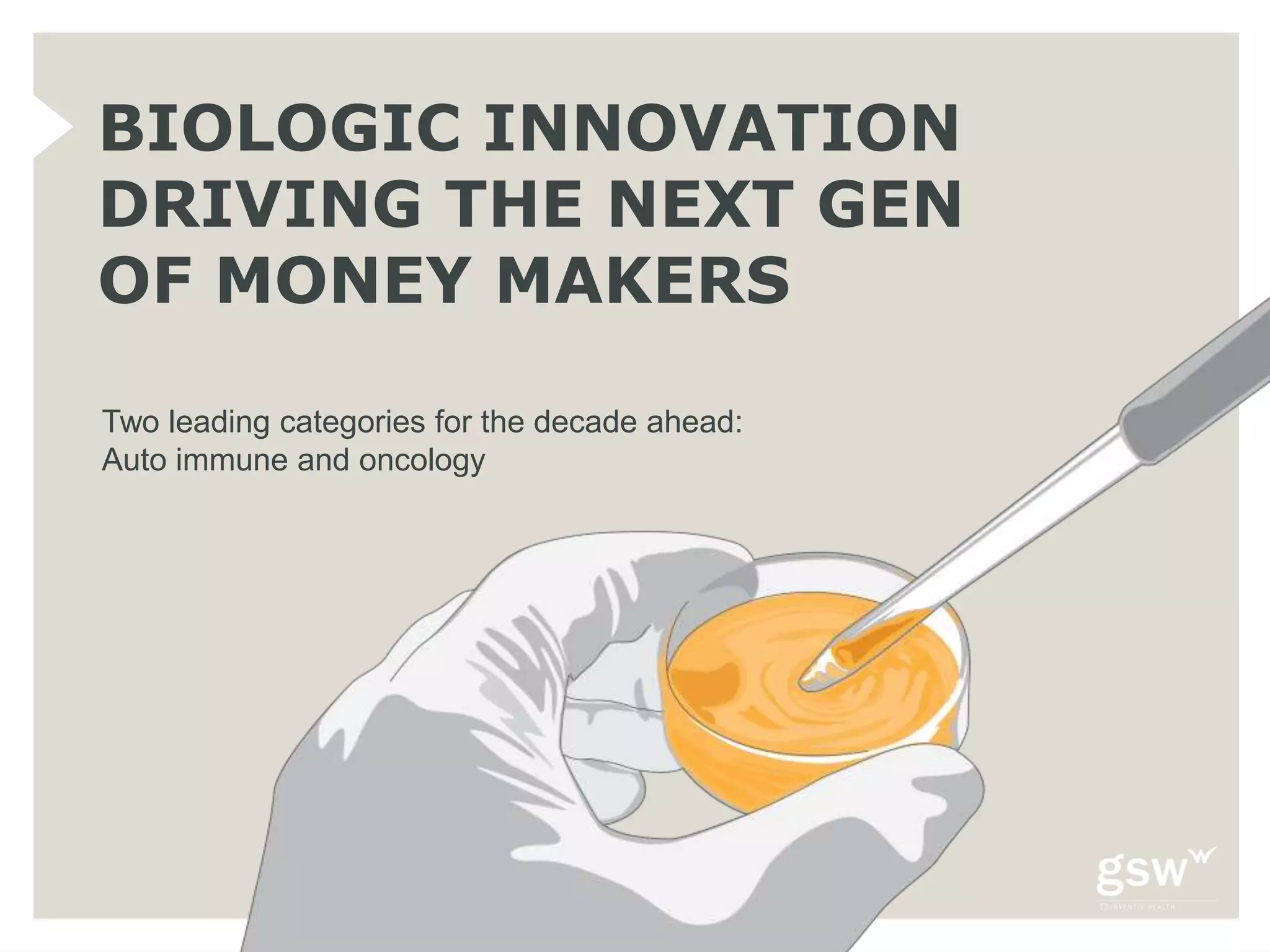 BIOLOGIC INNOVATION
DRIVING THE NEXT GEN
OF MONEY MAKERS

Two leading categories for the decade ahead:
Auto immune and oncology
 