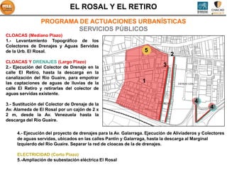 EL ROSAL Y EL RETIRO
                PROGRAMA DE ACTUACIONES URBANÍSTICAS
                         SERVICIOS PÚBLICOS
CLOACAS (Mediano Plazo)
1.- Levantamiento Topográfico de los
Colectores de Drenajes y Aguas Servidas
de la Urb. El Rosal.                                             5
                                                                              2
CLOACAS Y DRENAJES (Largo Plazo)
2.- Ejecución del Colector de Drenaje en la                               3
calle El Retiro, hasta la descarga en la
canalización del Río Guaire, para empotrar
las captaciones de aguas de lluvias de la                       1
calle El Retiro y retirarlas del colector de
aguas servidas existente.

3.- Sustitución del Colector de Drenaje de la
                                                                                         4
Av. Alameda de El Rosal por un cajón de 2 x
                                                                                                 4
2 m, desde la Av. Venezuela hasta la
descarga del Río Guaire.

     4.- Ejecución del proyecto de drenajes para la Av. Galarraga. Ejecución de Aliviaderos y Colectores
     de aguas servidas, ubicados en las calles Pantin y Galarraga, hasta la descarga al Marginal
     Izquierdo del Río Guaire. Separar la red de cloacas de la de drenajes.

     ELECTRICIDAD (Corto Plazo)
     5.-Ampliación de subestación eléctrica El Rosal
 