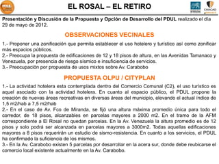 EL ROSAL – EL RETIRO
Presentación y Discusión de la Propuesta y Opción de Desarrollo del PDUL realizado el día
29 de mayo de 2012.

                            OBSERVACIONES VECINALES
1.- Proponer una zonificación que permita establecer el uso hotelero y turístico así como zonificar
más espacios públicos.
2.- Preocupa la propuesta de edificaciones de 12 y 18 pisos de altura, en las Avenidas Tamanaco y
Venezuela, por presencia de riesgo sísmico e insuficiencia de servicios.
3.- Preocupación por propuesta de usos mixtos sobre Av. Carabobo

                            PROPUESTA OLPU / CITYPLAN
1.- La actividad hotelera esta contemplada dentro del Comercio Comunal (C2), el uso turístico es
aquel asociado con la actividad hotelera. En cuanto al espacio público, el PDUL propone la
creación de nuevas áreas recreativas en diversas áreas del municipio, elevando el actual índice de
1,5 m2/hab a 7,5 m2/hab
2.- En el caso de Av. Fco de Miranda, se fijó una altura máxima promedio única para todo el
corredor, de 18 pisos, alcanzables en parcelas mayores a 2000 m2. En el tramo de la AFM
correspondiente a El Rosal no quedan parcelas. En la Av. Venezuela la altura promedio es de 12
pisos y solo podrá ser alcanzada en parcelas mayores a 3000m2. Todas aquellas edificaciones
mayores a 8 pisos requerirán un estudio de sismo-resistencia. En cuanto a los servicios, el PDUL
ha confirmado la suficiencia de los mismos.
3.- En la Av. Carabobo existen 5 parcelas por desarrollar en la acera sur, donde debe reubicarse el
comercio local existente actualmente en la Av. Carabobo.
 