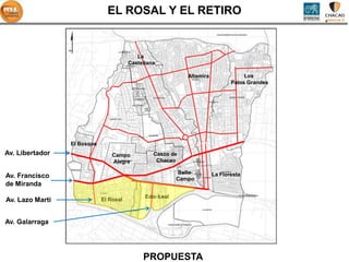 EL ROSAL Y EL RETIRO


                                           La
                                        Castellana

                                                             Altamira               Los
                                                                               Palos Grandes




                 El Bosque
Av. Libertador                   Campo           Casco de
                                 Alegre           Chacao

                                                          Bello         La Floresta
Av. Francisco                                             Campo
de Miranda
                                              Edo. Leal
Av. Lazo Marti               El Rosal



Av. Galarraga




                                             PROPUESTA
 