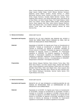 Pérez; Cristina Altagracia Lizardo Mezquita; Amarilis Santana Cedano;
                               Diego Aquino Acosta Rojas; Dionis Alfonso Sánchez Carrasco;
                               Alejandro Leonel William Cordero; Amilcar Romero P.; Wilton
                               Bienvenido Guerrero Dume; Antonio de Jesús Cruz Torres; Francis
                               Emilio Vargas Francisco; Euclides Rafael Sánchez Tavarez; Heinz
                               Siegfried Vielut Cabrera; Juan Olando Mercedes Sena; José Ramón de
                               la Rosa Mateo; Luís Rene Canaan Rojas; Prim Pujals Nolasco; Rubén
                               Darío Cruz Ubiera; Tommy Alberto Galán Grullón; Andrés Bautista
                               García; Cesar Augusto Díaz Filpo; Jesús Antonio Vásquez Martínez;
                               Pedro José Alegría Soto; Juan Roberto Rodríguez Hernández; Mario
                               Antonio Torres Ulloa; Noe Sterling Vásquez; Adriano de Jesús
                               Sánchez Roa




5. Número de Iniciativa:       03920-2007-SLO-SE


   Descripción del Proyecto:   PROYECTO DE LEY QUE CONCEDE UNA PENSION DEL ESTADO A
                               FAVOR DEL SEÑOR JORGE PUELLO SORIANO (EL MEN), POR UN
                               MONTO DE RD$30,000.00. PESOS MENSUALES.


   Historial:                  Depositada el 22/8/2007. En Agenda para Tomar en Consideración el
                               22/8/2007. Tomada en Consideración el 22/8/2007. Liberada de
                               Trámites el 22/8/2007. En Agenda el 22/8/2007. Aprobada en
                               Primera lectura el 22/8/2007. Declarada de Urgencia el 22/8/2007.
                               Aprobada en Segunda Lectura el 22/8/2007. En Transcripción
                               Legislativa el 23/8/2007. En Auditoría Legislativa el 24/8/2007.
                               Devuelto a Transcripción Legislativa el 24/8/2007. En Auditoría
                               Legislativa el 28/8/2007. Esperando Firmas Presidente y Secretarios
                               el 28/8/2007. Remitido a Archivo y Correspondencia el 29/8/2007.
                               Despachada el 29/8/2007. Promulgada el 8/10/2007.


   Proponentes:                Jesús Antonio Vásquez Martínez; Mario Antonio Torres Ulloa; Félix
                               Maria Nova Paulino; Luís Rene Canaan Rojas; Charles Noel Mariotti
                               Tapia; Cristina Altagracia Lizardo Mezquita; Rubén Darío Cruz Ubiera;
                               Reinaldo Pared Pérez; Pedro José Alegría Soto; Cesar Augusto Díaz
                               Filpo; Juan Olando Mercedes Sena; Adriano de Jesús Sánchez Roa;
                               Juan Roberto Rodríguez Hernández; German Castro García; Prim
                               Pujals Nolasco entre otros.




6. Número de Iniciativa:       04169-2007-SLO-SE


   Descripción del Proyecto:   PROYECTO DE LEY QUE ESTABLECE LA ESPECIALIZACIÓN DE LOS
                               FONDOS DE PETROCARIBE PARA LA COMPENSACIÓN DE LOS
                               IMPUESTOS A LOS COMBUSTIBLES.


   Historial:                  Depositada el 11/10/2007. En Agenda para Tomar en Consideración
                               el 16/10/2007. Tomada en Consideración el 16/10/2007. Enviada a
                               Comisión el 17/10/2007. En Agenda el 1/4/2008. Informe Leido el
                               1/4/2008. En Agenda el 15/4/2008. Pendiente de la Agenda del Día
                               Anterior el 15/4/2008. En Agenda el 22/4/2008. Aprobado en Unica
                               Lectura el Informe de Descargo el 22/4/2008. En Transcripción
                               Legislativa el 23/4/2008. En Auditoría Legislativa el 6/5/2008.
 