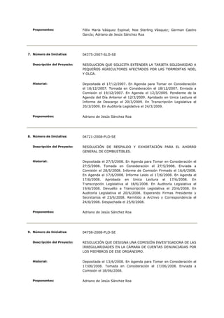 Proponentes:                Félix Maria Vásquez Espinal; Noe Sterling Vásquez; German Castro
                               García; Adriano de Jesús Sánchez Roa




7. Número de Iniciativa:       04375-2007-SLO-SE


   Descripción del Proyecto:   RESOLUCION QUE SOLICITA EXTENDER LA TARJETA SOLIDARIDAD A
                               PEQUEÑOS AGRICULTORES AFECTADOS POR LAS TORMENTAS NOEL
                               Y OLGA.


   Historial:                  Depositada el 17/12/2007. En Agenda para Tomar en Consideración
                               el 18/12/2007. Tomada en Consideración el 18/12/2007. Enviada a
                               Comisión el 19/12/2007. En Agenda el 12/3/2009. Pendiente de la
                               Agenda del Día Anterior el 12/3/2009. Aprobado en Unica Lectura el
                               Informe de Descargo el 20/3/2009. En Transcripción Legislativa el
                               20/3/2009. En Auditoría Legislativa el 24/3/2009.


   Proponentes:                Adriano de Jesús Sánchez Roa




8. Número de Iniciativa:       04721-2008-PLO-SE


   Descripción del Proyecto:   RESOLUCIÓN DE RESPALDO Y EXHORTACIÓN PARA EL AHORRO
                               GENERAL DE COMBUSTIBLES.


   Historial:                  Depositada el 27/5/2008. En Agenda para Tomar en Consideración el
                               27/5/2008. Tomada en Consideración el 27/5/2008. Enviada a
                               Comisión el 28/5/2008. Informe de Comisión Firmado el 16/6/2008.
                               En Agenda el 17/6/2008. Informe Leido el 17/6/2008. En Agenda el
                               17/6/2008. Aprobada en Unica Lectura el 17/6/2008. En
                               Transcripción Legislativa el 18/6/2008. En Auditoría Legislativa el
                               19/6/2008. Devuelto a Transcripción Legislativa el 20/6/2008. En
                               Auditoría Legislativa el 20/6/2008. Esperando Firmas Presidente y
                               Secretarios el 23/6/2008. Remitido a Archivo y Correspondencia el
                               24/6/2008. Despachada el 25/6/2008.


   Proponentes:                Adriano de Jesús Sánchez Roa




9. Número de Iniciativa:       04758-2008-PLO-SE


   Descripción del Proyecto:   RESOLUCIÓN QUE DESIGNA UNA COMISIÓN INVESTIGADORA DE LAS
                               IRREGULARIDADES EN LA CÁMARA DE CUENTAS DENUNCIADAS POR
                               LOS MIEMBROS DE ESE ORGANISMO.


   Historial:                  Depositada el 13/6/2008. En Agenda para Tomar en Consideración el
                               17/06/2008. Tomada en Consideración el 17/06/2008. Enviada a
                               Comisión el 18/06/2008.


   Proponentes:                Adriano de Jesús Sánchez Roa
 