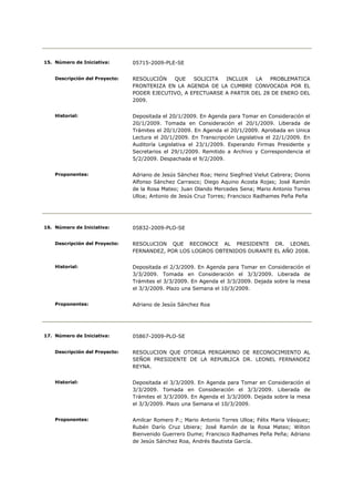 15. Número de Iniciativa:       05715-2009-PLE-SE


    Descripción del Proyecto:   RESOLUCIÓN   QUE    SOLICITA  INCLUIR   LA   PROBLEMATICA
                                FRONTERIZA EN LA AGENDA DE LA CUMBRE CONVOCADA POR EL
                                PODER EJECUTIVO, A EFECTUARSE A PARTIR DEL 28 DE ENERO DEL
                                2009.


    Historial:                  Depositada el 20/1/2009. En Agenda para Tomar en Consideración el
                                20/1/2009. Tomada en Consideración el 20/1/2009. Liberada de
                                Trámites el 20/1/2009. En Agenda el 20/1/2009. Aprobada en Unica
                                Lectura el 20/1/2009. En Transcripción Legislativa el 22/1/2009. En
                                Auditoría Legislativa el 23/1/2009. Esperando Firmas Presidente y
                                Secretarios el 29/1/2009. Remitido a Archivo y Correspondencia el
                                5/2/2009. Despachada el 9/2/2009.


    Proponentes:                Adriano de Jesús Sánchez Roa; Heinz Siegfried Vielut Cabrera; Dionis
                                Alfonso Sánchez Carrasco; Diego Aquino Acosta Rojas; José Ramón
                                de la Rosa Mateo; Juan Olando Mercedes Sena; Mario Antonio Torres
                                Ulloa; Antonio de Jesús Cruz Torres; Francisco Radhames Peña Peña




16. Número de Iniciativa:       05832-2009-PLO-SE


    Descripción del Proyecto:   RESOLUCION QUE RECONOCE AL PRESIDENTE DR. LEONEL
                                FERNANDEZ, POR LOS LOGROS OBTENIDOS DURANTE EL AÑO 2008.


    Historial:                  Depositada el 2/3/2009. En Agenda para Tomar en Consideración el
                                3/3/2009. Tomada en Consideración el 3/3/2009. Liberada de
                                Trámites el 3/3/2009. En Agenda el 3/3/2009. Dejada sobre la mesa
                                el 3/3/2009. Plazo una Semana el 10/3/2009.


    Proponentes:                Adriano de Jesús Sánchez Roa




17. Número de Iniciativa:       05867-2009-PLO-SE


    Descripción del Proyecto:   RESOLUCION QUE OTORGA PERGAMINO DE RECONOCIMIENTO AL
                                SEÑOR PRESIDENTE DE LA REPUBLICA DR. LEONEL FERNANDEZ
                                REYNA.


    Historial:                  Depositada el 3/3/2009. En Agenda para Tomar en Consideración el
                                3/3/2009. Tomada en Consideración el 3/3/2009. Liberada de
                                Trámites el 3/3/2009. En Agenda el 3/3/2009. Dejada sobre la mesa
                                el 3/3/2009. Plazo una Semana el 10/3/2009.


    Proponentes:                Amilcar Romero P.; Mario Antonio Torres Ulloa; Félix Maria Vásquez;
                                Rubén Darío Cruz Ubiera; José Ramón de la Rosa Mateo; Wilton
                                Bienvenido Guerrero Dume; Francisco Radhames Peña Peña; Adriano
                                de Jesús Sánchez Roa, Andrés Bautista García.
 