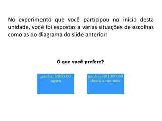 No experimento que você participou no início desta
unidade, você foi expostas a várias situações de escolhas
como as do diagrama do slide anterior:
 