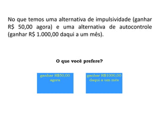 No que temos uma alternativa de impulsividade (ganhar
R$ 50,00 agora) e uma alternativa de autocontrole
(ganhar R$ 1.000,00 daqui a um mês).
 