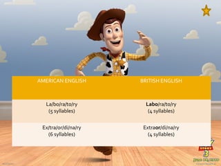AMERICAN ENGLISH BRITISH ENGLISH
La/bo/ra/to/ry
(5 syllables)
Labo/ra/to/ry
(4 syllables)
Ex/tra/or/di/na/ry
(6 syllables)
Extraor/di/na/ry
(4 syllables)
 