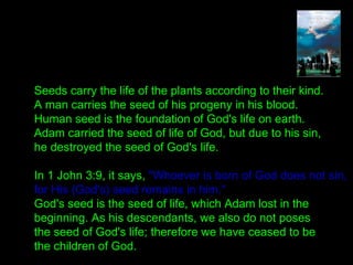Seeds carry the life of the plants according to their kind.
A man carries the seed of his progeny in his blood.
Human seed is the foundation of God's life on earth.
Adam carried the seed of life of God, but due to his sin,
he destroyed the seed of God's life.
In 1 John 3:9, it says, "Whoever is born of God does not sin,
for His (God's) seed remains in him."
God's seed is the seed of life, which Adam lost in the
beginning. As his descendants, we also do not poses
the seed of God's life; therefore we have ceased to be
the children of God.
 
