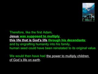 Therefore, like the first Adam,
Jesus was supposed to multiply
this life that is God's life through his decendants;
and by engrafting humanity into his family,
human seed could have been reinstated to its original value.
We would then have had the power to multiply children
of God´s life on earth.
 