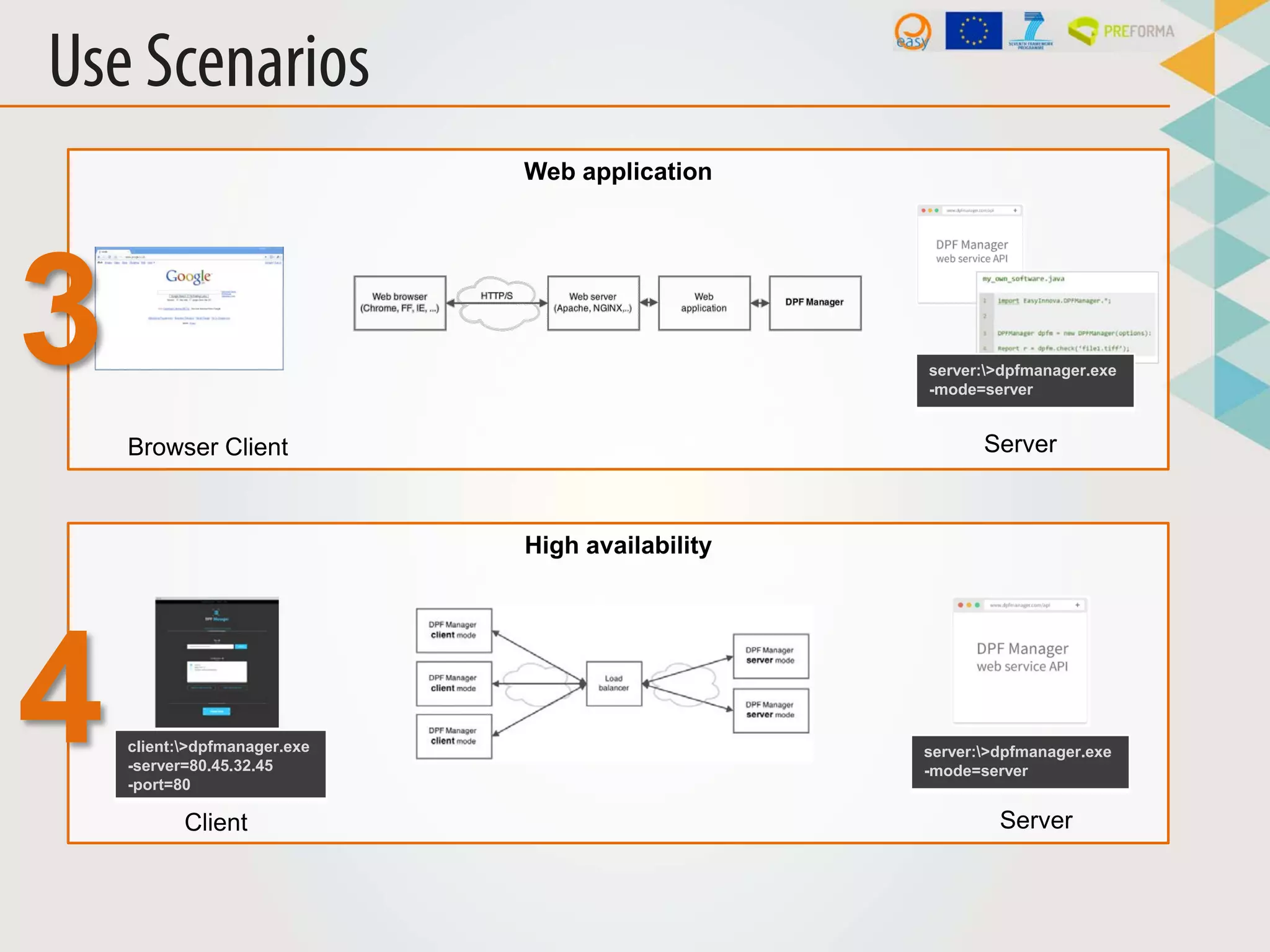 High availability
Web application
Browser Client Server
server:>dpfmanager.exe
-mode=server
3
4 client:>dpfmanager.exe
-server=80.45.32.45
-port=80
server:>dpfmanager.exe
-mode=server
Client Server
Use Scenarios
 