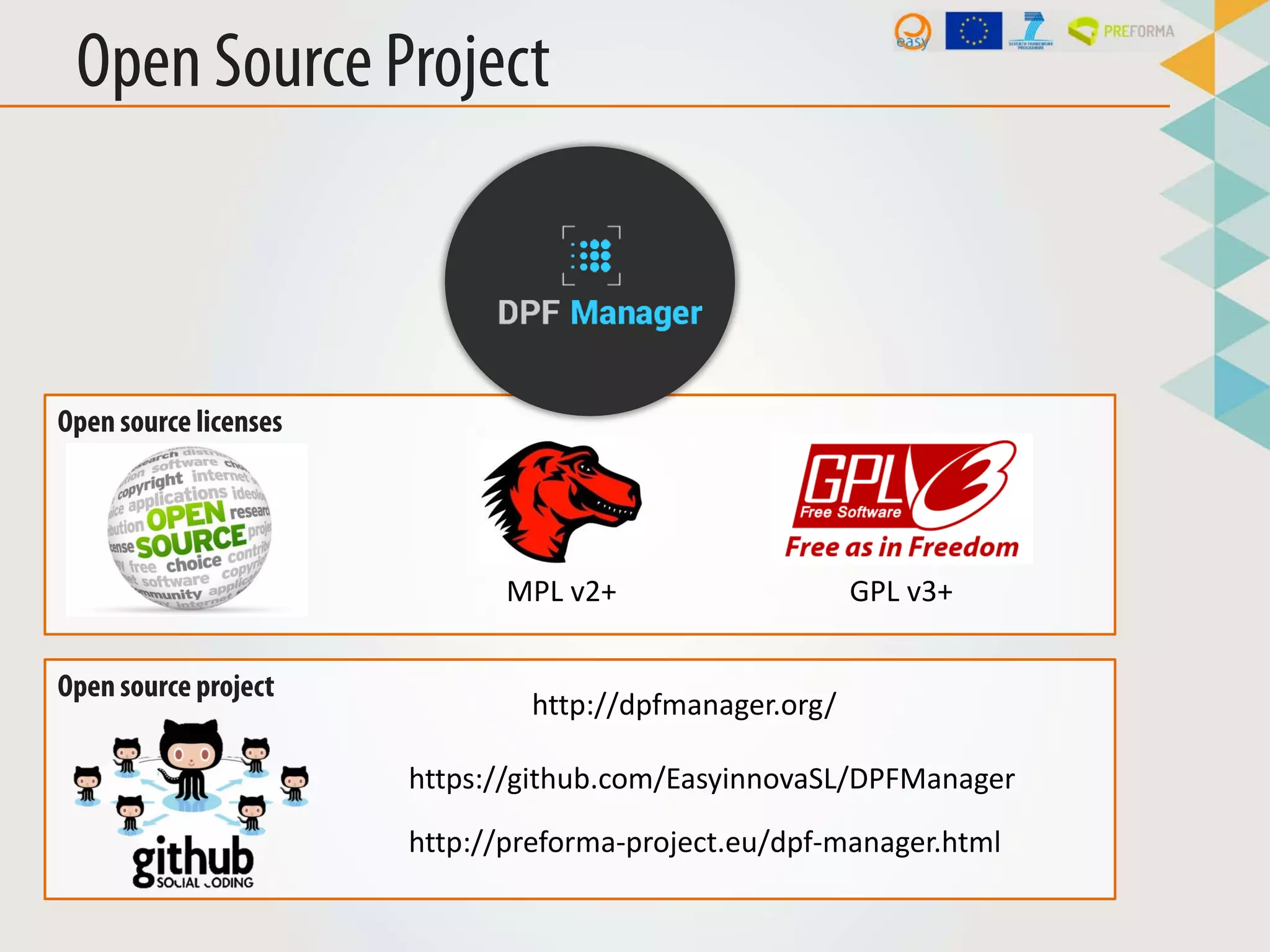 Open source licenses
Open Source Project
MPL v2+ GPL v3+
Open source project
https://github.com/EasyinnovaSL/DPFManager
http://preforma-project.eu/dpf-manager.html
http://dpfmanager.org/
 