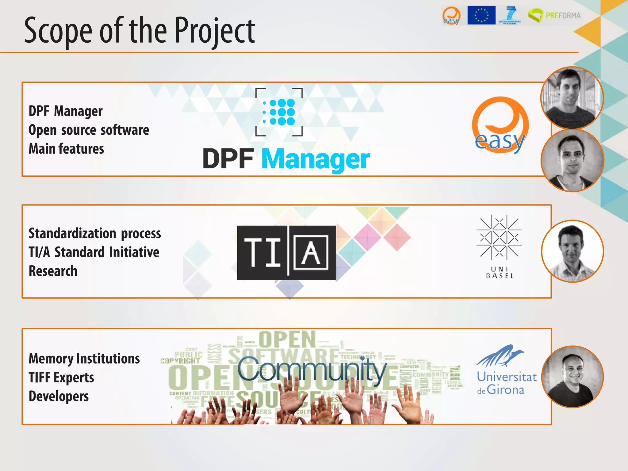 Scope of the Project
DPF Manager
Open source software
Main features
Standardization process
TI/A Standard Initiative
Research
Memory Institutions
TIFF Experts
Developers
 