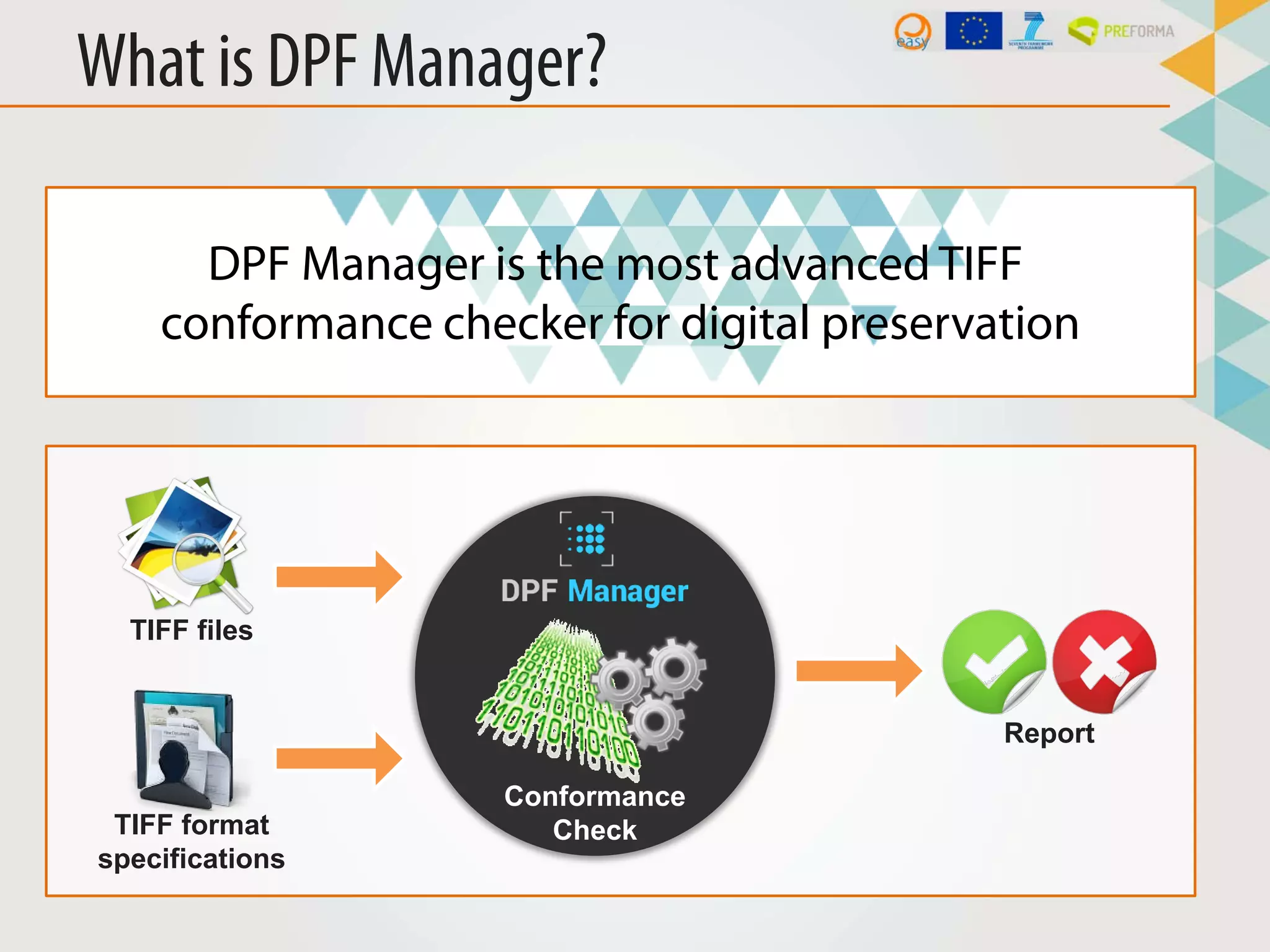 DPF Manager is the most advanced TIFF
conformance checker for digital preservation
What is DPF Manager?
TIFF files
Conformance
CheckTIFF format
specifications
Report
 