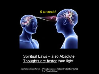 Spiritual Laws – also Absolute
Thoughts are faster than light!
(Dimension is different – Phys Laws does not contradict Spir Wrld)
The World of Heart
0 seconds!
 