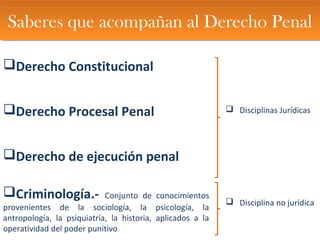 Saberes que acompañan al Derecho PenalSaberes que acompañan al Derecho Penal
Derecho Constitucional
Derecho Procesal Penal
Derecho de ejecución penal
Criminología.- Conjunto de conocimientos
provenientes de la sociología, la psicología, la
antropología, la psiquiatría, la historia, aplicados a la
operatividad del poder punitivo
 Disciplinas Jurídicas
 Disciplina no jurídica
 