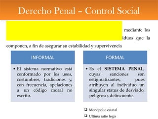 AUTORIA Y PARTICIPACIÓN
 Monopolio estatal
 Ultima ratio legis
Derecho Penal – Control SocialDerecho Penal – Control Social
El CONTROL SOCIAL comprende aquellos mecanismos mediante los
cuales la sociedad ejerce su dominio sobre los individuos que la
componen, a fin de asegurar su estabilidad y supervivencia
 