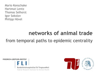 Mario Konschake
Hartmut Lentz
Thomas Selhorst
Igor Sokolov
Philipp Hövel



                  networks of animal trade
from temporal paths to epidemic centrality
 