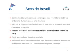 Axes de travail

1. Identifier les déséquilibres macro-économiques pour y remédier et établir les
  fondements d’une croissance forte et durable

2. Réformer le système monétaire international pour assurer la stabilité financière
  d’un monde multipolaire

3. Réduire la volatilité excessive des matières premières et en amortir les
  effets

4. Etablir une régulation financière sans faille

5. Développer les infrastructures dans les pays en développement et apporter des
  financements innovants à la lutte contre le changement climatique


                                                                               17
 