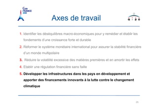 Axes de travail
1. Identifier les déséquilibres macro-économiques pour y remédier et établir les
  fondements d’une croissance forte et durable

2. Réformer le système monétaire international pour assurer la stabilité financière
  d’un monde multipolaire

3. Réduire la volatilité excessive des matières premières et en amortir les effets

4. Etablir une régulation financière sans faille

5. Développer les infrastructures dans les pays en développement et
  apporter des financements innovants à la lutte contre le changement
  climatique



                                                                               25
 