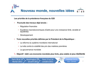 Nouveau monde, nouvelles idées

Les priorités de la présidence française du G20

•   Poursuite des travaux déjà lancés :

     • Régulation financière
     • Equilibres macroéconomiques (Cadre pour une croissance forte, durable et
       équilibrée)
     • Développement

•   Trois nouvelles priorités définies par le Président de la République :

     • La réforme du système monétaire international
     • La lutte contre la volatilité des prix des matières premières
     • La gouvernance mondiale

 Objectif : bâtir une économie mondiale plus forte, plus stable et plus résiliente

                                                                   Sommet 3 et 4 
                                                                    nov. Cannes     3
 