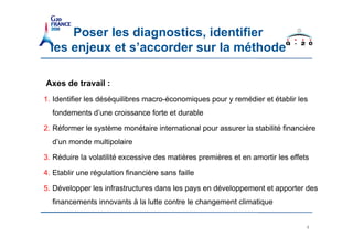 Poser les diagnostics, identifier
  les enjeux et s’accorder sur la méthode

Axes de travail :
1. Identifier les déséquilibres macro-économiques pour y remédier et établir les
  fondements d’une croissance forte et durable

2. Réformer le système monétaire international pour assurer la stabilité financière
  d’un monde multipolaire

3. Réduire la volatilité excessive des matières premières et en amortir les effets

4. Etablir une régulation financière sans faille

5. Développer les infrastructures dans les pays en développement et apporter des
  financements innovants à la lutte contre le changement climatique


                                                                                 4
 