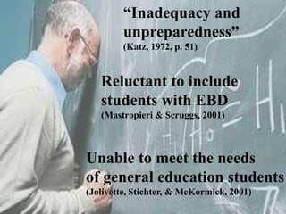 “Inadequacy and
unpreparedness”
(Katz, 1972, p. 51)
Reluctant to include
students with EBD
(Mastropieri & Scruggs, 2001)
Unable to meet the needs
of general education students
(Jolivette, Stichter, & McKormick, 2001)
 