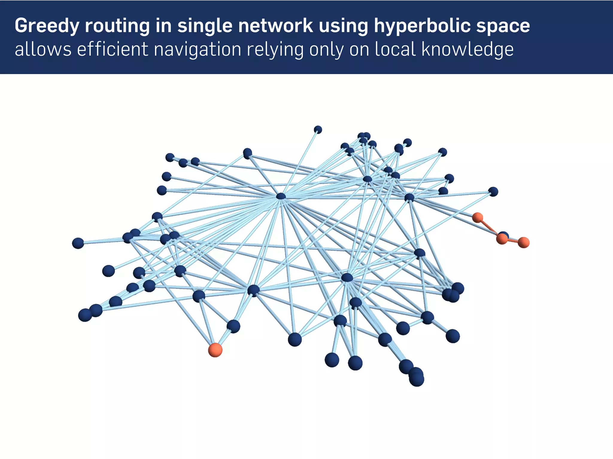 Greedy routing in single network using hyperbolic space
allows efficient navigation relying only on local knowledge
 