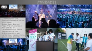 ATIVIDADES
O evento contou com
diversas atividades de reforço
de conteúdo.
Show e Super Quiz com
Felipe Andreoli, estande de
Arco e Flecha do
Departamento dos Trade e
karaokê, além de uma
dinâmica de grupo, que
transformou a equipe em uma
grande escola de samba.
 