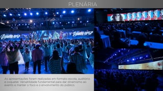 PLENÁRIA
As apresentações foram realizadas em formato escola, auditório
e coquetel. Versatilidade fundamental para dar dinamismo ao
evento e manter o foco e o envolvimento do público.
 