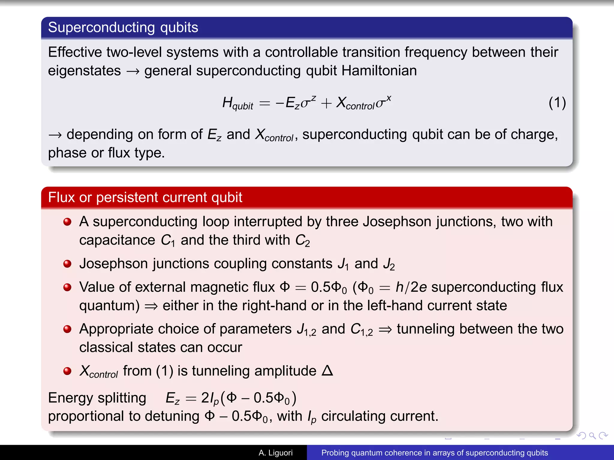 Superconducting qubits
Effective two-level systems with a controllable transition frequency between their
eigenstates → general superconducting qubit Hamiltonian
Hqubit = −Ezσz
+ Xcontrol σx
(1)
→ depending on form of Ez and Xcontrol , superconducting qubit can be of charge,
phase or ﬂux type.
Flux or persistent current qubit
A superconducting loop interrupted by three Josephson junctions, two with
capacitance C1 and the third with C2
Josephson junctions coupling constants J1 and J2
Value of external magnetic ﬂux Φ = 0.5Φ0 (Φ0 = h/2e superconducting ﬂux
quantum) ⇒ either in the right-hand or in the left-hand current state
Appropriate choice of parameters J1,2 and C1,2 ⇒ tunneling between the two
classical states can occur
Xcontrol from (1) is tunneling amplitude ∆
Energy splitting Ez = 2Ip(Φ − 0.5Φ0)
proportional to detuning Φ − 0.5Φ0, with Ip circulating current.
A. Liguori Probing quantum coherence in arrays of superconducting qubits
 